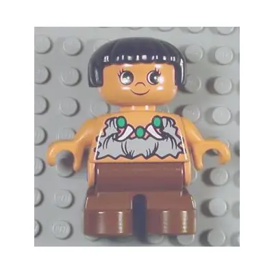 Duplo Figure, Child Type 2 Girl, Brown Legs, Animal Tooth / Claw Necklace, Black Hair (Caveman)