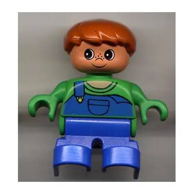 Duplo Figure, Child Type 2 Boy, Blue Legs, Green Top with Blue Overalls with one Strap