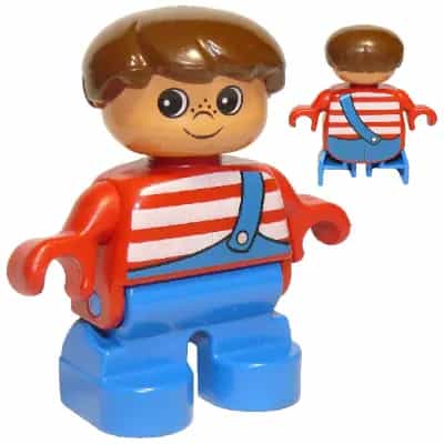 Duplo Figure, Child Type 2 Boy, Blue Legs, Red Top with White Stripes and Blue Overalls with One Strap (4114486)