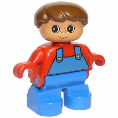 Duplo Figure, Child Type 2 Boy, Blue Legs, Red Top with Blue Overalls, Brown Hair