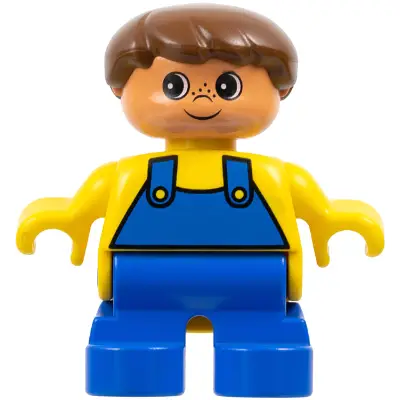 Duplo Figure - Male, Child Boy, Blue Legs, Yellow Top with Overalls Pattern, Brown Hair, Nougat Head (75487)