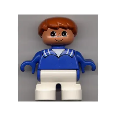 Duplo Figure, Child Type 2 Boy, White Legs, Blue Top with White Stripes on Collar, Brown Hair