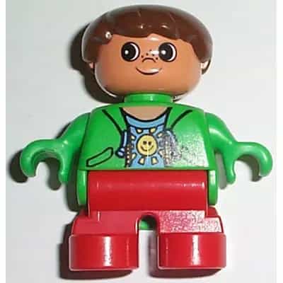 Duplo Figure, Child Type 2 Boy, Red Legs, Green Top with Sun Pattern Shirt, Brown Hair