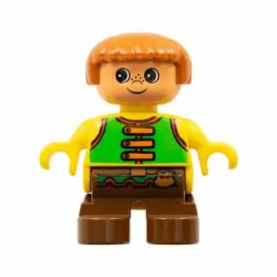 Duplo Figure, Child Type 2 Boy, Brown Legs, Bright Green Vest with Brown Straps and Belt with Sash (4171576)