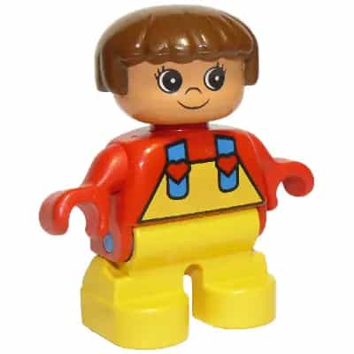 Duplo Figure, Child Type 2 Girl, Yellow Legs, Red Top with Yellow Overalls and Hearts on Straps