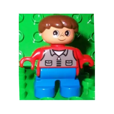 Duplo Figure, Child Type 2 Boy, Blue Legs, Red Top with Dark Gray Shirt, Brown Hair