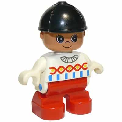 Duplo Figure, Child Type 2 Girl, Red Legs, White Top with Red, Yellow and Blue Designs, Black Riding Hat