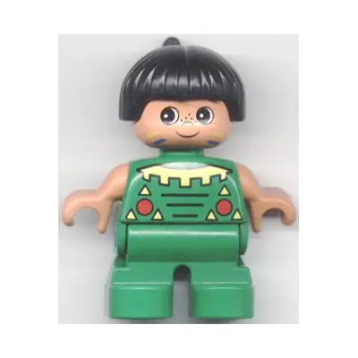Duplo Figure, Child Type 2 Boy, Green Legs, Green Top, Black Hair (Native American)