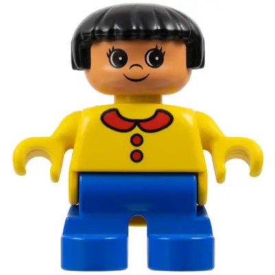 Duplo Figure, Child Type 2 Girl, Blue Legs, Yellow Top with Collar and 2 Buttons, Black Hair (75494)