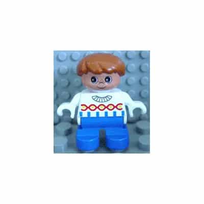 Duplo Figure, Child Type 2 Boy, Blue Legs, White Sweater with Chain Pattern, Dark Orange Hair (75696)
