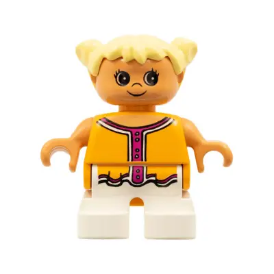 Duplo Figure, Child Type 2 Girl, White Legs, Orange and Dark Pink Top, Light Yellow Hair Pigtails (4171575)