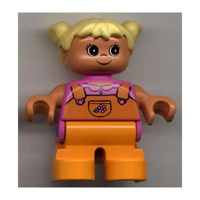 Duplo Figure, Child Type 2 Girl, Orange Legs, Dark Pink Top with Orange Overalls with Flower, Yellow Hair Pigtails