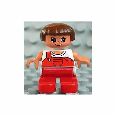 Duplo Figure, Child Type 2 Girl, Red Legs, White Top with Red Overalls with one Strap