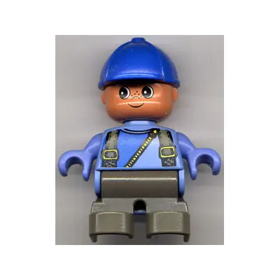 Duplo Figure, Child Type 2 Boy, Dark Gray Legs, Suspenders with Yellow Zipper, Blue Cap