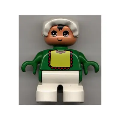 Duplo Figure, Child Type 2 Baby, White Legs, Green Top with Yellow Bib with Red Lace, White Bonnet (75464)