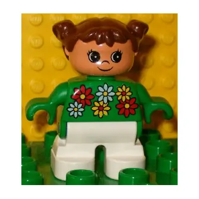 Duplo Figure, Child Type 2 Girl, White Legs, White, Red and Yellow Flowers, Brown Hair