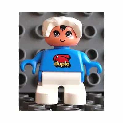 Duplo Figure, Child Type 2 Baby, White Legs, Blue Top with Duplo Bunny Logo, White Bonnet