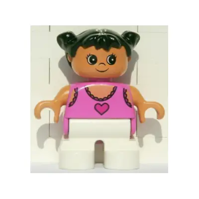 Duplo Figure, Child Type 2 Girl, White Legs, Dark Pink Lace Tank Top with Heart, Black Hair Pigtails