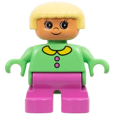 Duplo Figure - Female, Child Girl, Dark Pink Legs, Medium Green Top with Collar and Buttons Pattern, Light Yellow Hair, Nougat Head (75463)