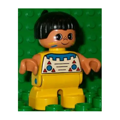 Duplo Figure, Child Type 2 Boy, Yellow Legs, Top with Geometric Pattern, Black Hair with Feather (Native American)
