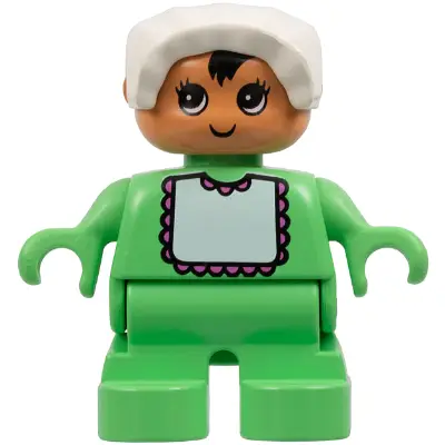 Duplo Figure - Female, Child Baby, Medium Green Legs, Medium Green Top with Bib Pattern, White Bonnet, Nougat Head (75479)