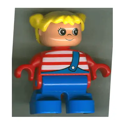 Duplo Figure, Child Type 2 Girl, Blue Legs, Red Top with White Stripes, Yellow Hair Pigtails