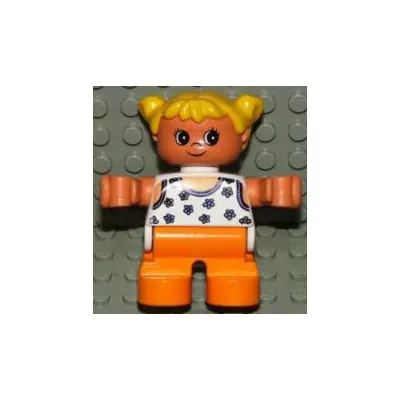 Duplo Figure, Child Type 2 Girl, Orange Legs, White Blouse with Blue Flowers, Yellow Hair Pigtails