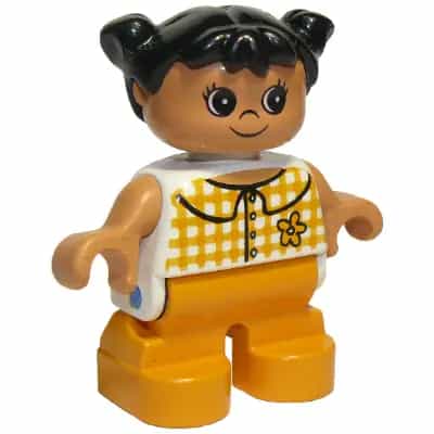Duplo Figure, Child Type 2 Girl, Medium Orange Legs, Checkered Blouse, Black Hair Pigtails