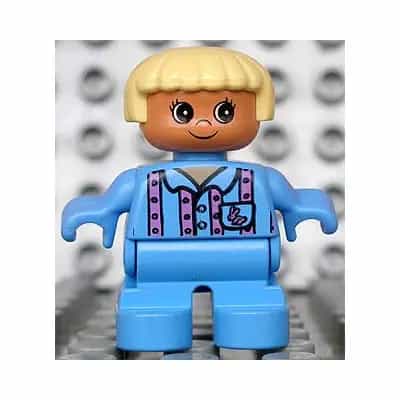Duplo Figure, Child Type 2 Girl, Medium Blue Legs, Medium Blue Top with Pink Stripes and Bunny Logo, Light Yellow Hair