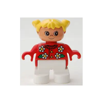Duplo Figure, Child Type 2 Girl, White Legs, Red Top with Flowers Pattern, Collar And 2 Buttons, Yellow Hair Pigtails