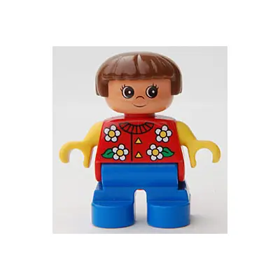 Duplo Figure, Child Type 2 Girl, Blue Legs, Red Torso With Flowers Pattern, Collar And 2 Buttons, Yellow Arms, Brown Hair