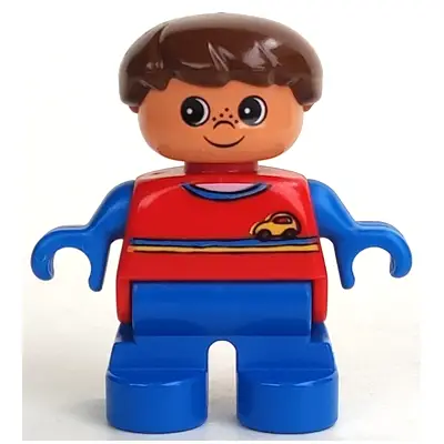 Duplo Figure, Child Type 2 Boy, Blue Legs, Red Top with Yellow and Blue Stripes and Yellow Car Logo, Blue Arms, Brown Hair