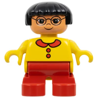 Duplo Figure - Female, Child Girl, Red Legs, Yellow Top with Collar and Buttons Pattern, Black Hair, Nougat Head (75501)