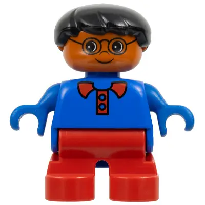 Duplo Figure - Male, Child Boy, Red Legs, Blue Top with Collar and Buttons Pattern, Black Hair, Dark Orange Head (75513)