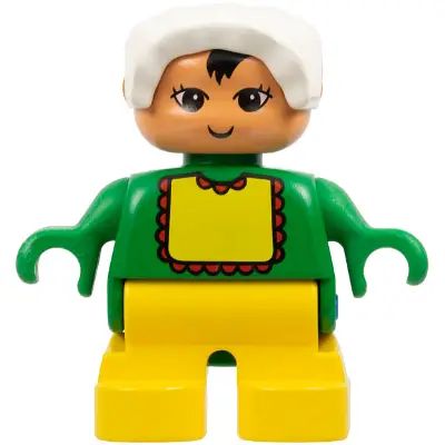 Duplo Figure - Female, Child Baby, Yellow Legs, Green Top with Bib Pattern, White Bonnet, Nougat Head (75502)