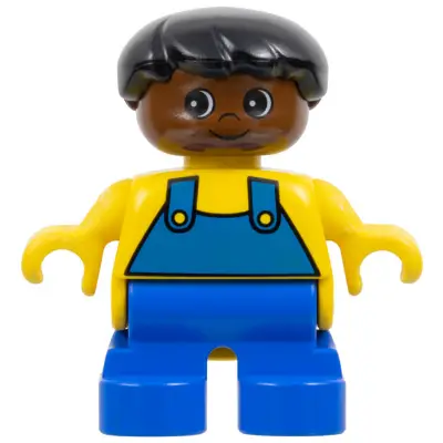Duplo Figure - Male, Child Boy, Blue Legs, Yellow Top with Overalls Pattern, Black Hair, Brown Head (75507)