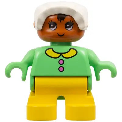 Duplo Figure - Female, Child Baby, Yellow Legs, Medium Green Top with Collar and Buttons Pattern, White Bonnet, Dark Orange Head (75514)