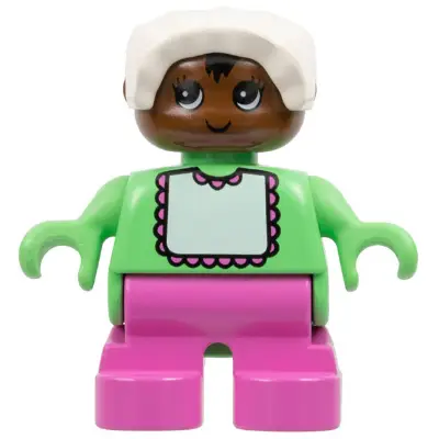 Duplo Figure - Female, Child Baby, Dark Pink Legs, Medium Green Top with Bib Pattern, White Bonnet, Brown Head (75508)