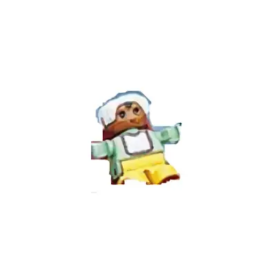 Duplo Figure, Child Type 2 Baby, Yellow Legs, Light Green Top with White Bib with Dark Pink Lace, White Bonnet (75702)