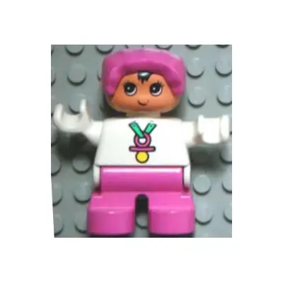 Duplo Figure, Child Type 2 Baby, Dark Pink Legs, White Top, Dark Pink Bonnet