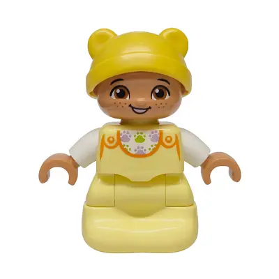Duplo Figure Lego Ville, Baby, Bright Light Yellow Sleep Sack, White Top with Paw Prints Pattern, Yellow Hat (6567923)