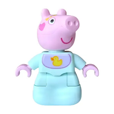 Duplo Figure Lego Ville, Baby Evie Pig, Light Aqua Sleep Sack with Lavender and Medium Lavender Bib, Yellow Duck and Bow Pattern (6566316)
