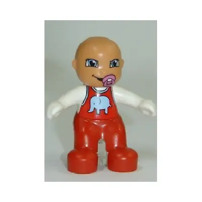 Duplo Figure Lego Ville, Baby, Red Overalls with Elephant Pattern, Pacifier