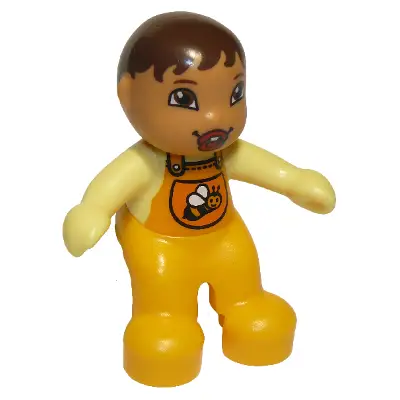 Duplo Figure Lego Ville, Baby, Bright Light Orange Overalls with Bib with Bee Pattern, Pacifier