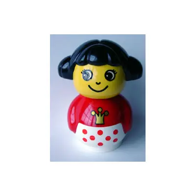 Primo Figure Girl with White Base with Red Dots, Red Top with Crown Pattern, Black Hair
