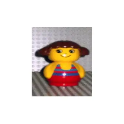 Primo Figure Girl with Red Base, Yellow Top with Red Swimsuit with Blue Stripes, Brown Hair