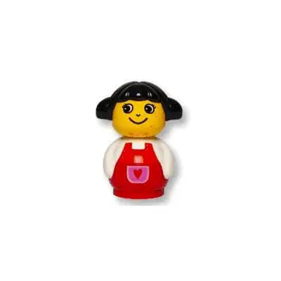 Primo Figure Girl with Red Base, White Top with Red Overalls with Red Heart in Purple Pocket, Black Hair