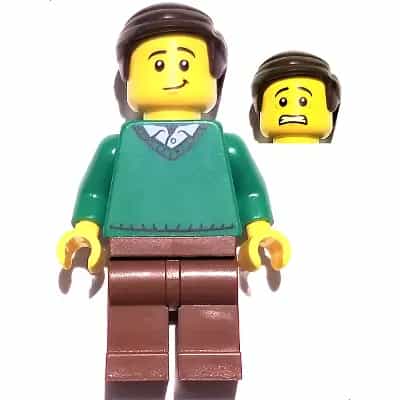 Father - Green V-Neck Sweater, Reddish Brown Legs, Dark Brown Combed Hair