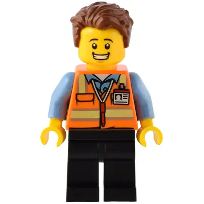 Train Driver - Male, Orange Safety Vest with Reflective Stripes, Black Legs, Reddish Brown Hair