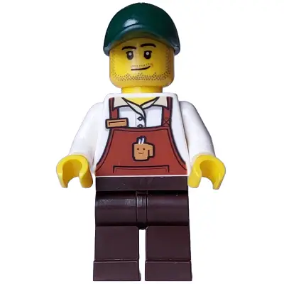 Bakery / Boulangerie Owner - Reddish Brown Apron with Cup and Name Tag, Dark Brown Legs, Dark Green Cap